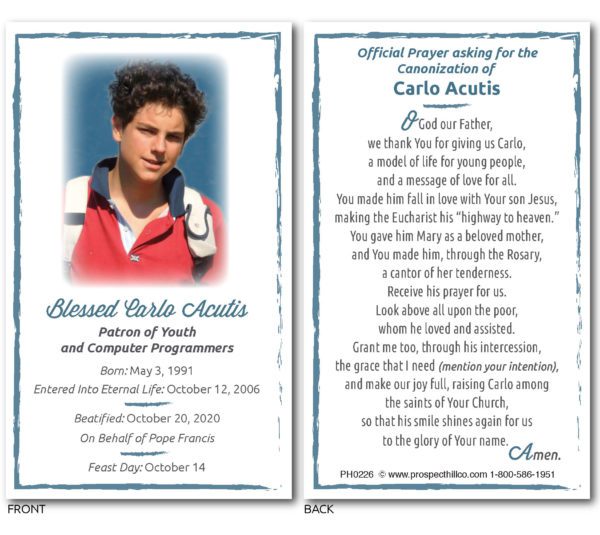 PH 0226 Carlo Acutis 3x5 prayer card 4w Prospect Hill Co Religious Goods Brockton MA